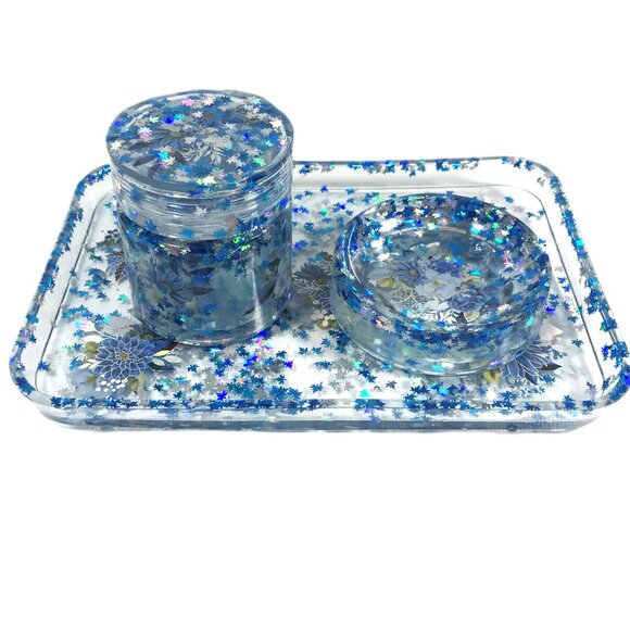 Resin Tray Set Blue Flowers Rolling Tray Jar with Lid Ashtray - Picture 5 of 6